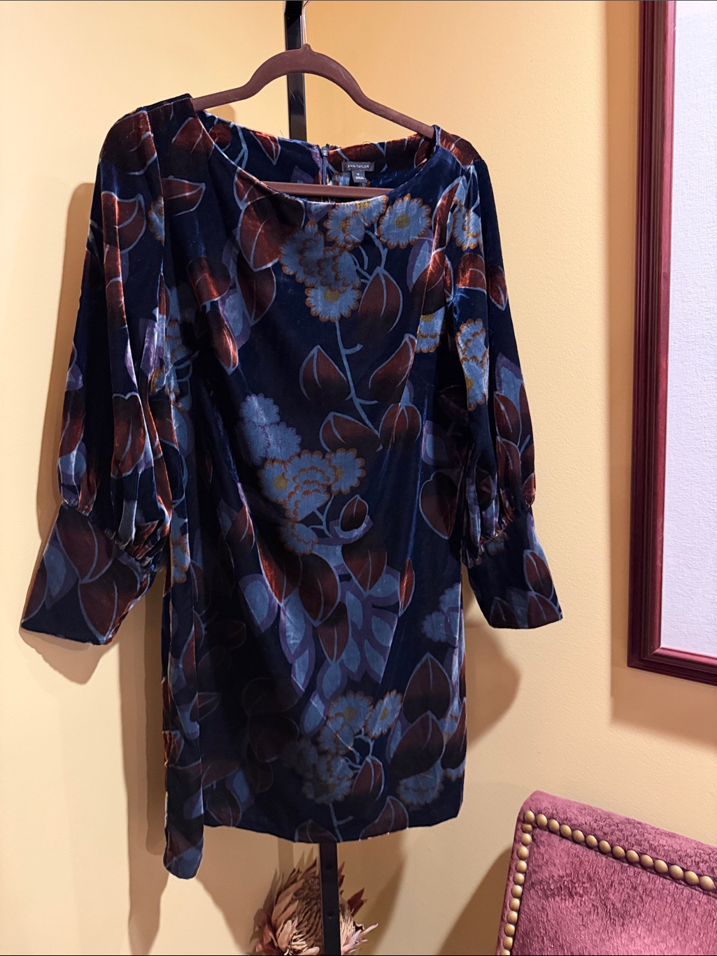 Ann Taylor Navy Floral Velvet Long Sleeve Dress